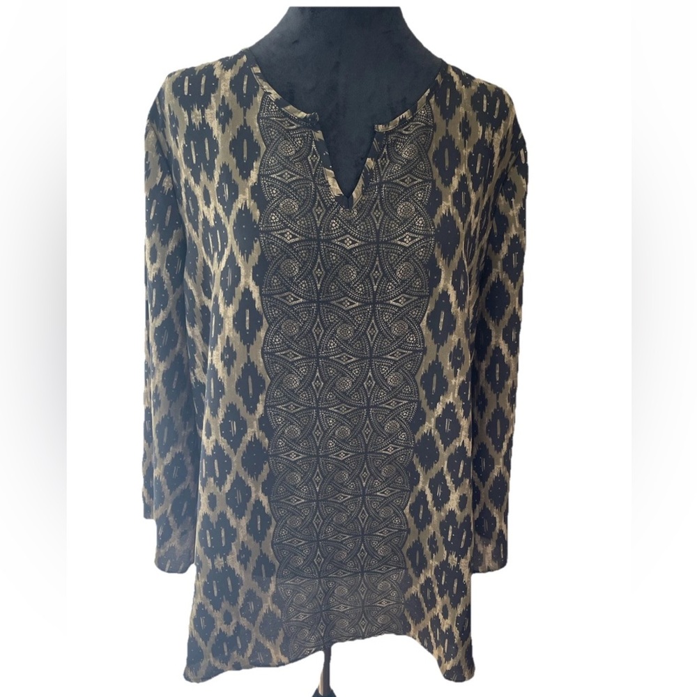 Cato ladies Olive leopard print chiffon pullover tunic‎ blouse size large flared